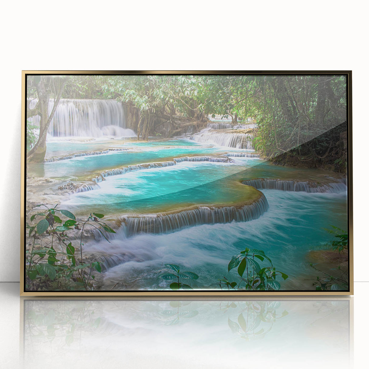 Mid-century modernist art of a Laos scenery in muted gold and green tones, framed acrylic print.