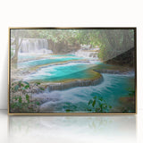 Mid-century modernist art of a Laos scenery in muted gold and green tones, framed acrylic print.