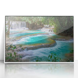 Art deco poster of Laos scenery in muted earth tones on a framed acrylic, ideal for modern art wall decor in a nursery.
