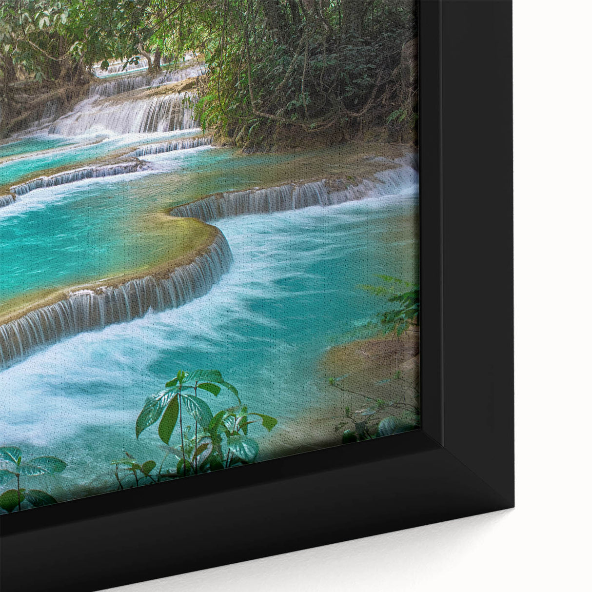 Extra large framed canvas featuring a textured depiction of a Laos scenery in black with colorful art accents.