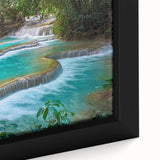 Extra large framed canvas featuring a textured depiction of a Laos scenery in black with colorful art accents.