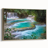 Framed canvas depicting a vintage-style landscape of Laos with a black and gold color scheme, suitable for bedroom decor.
