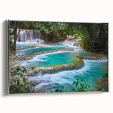 Framed canvas depicting a colorful landscape painting of Laos scenery, ideal for adding a vintage touch to any room.