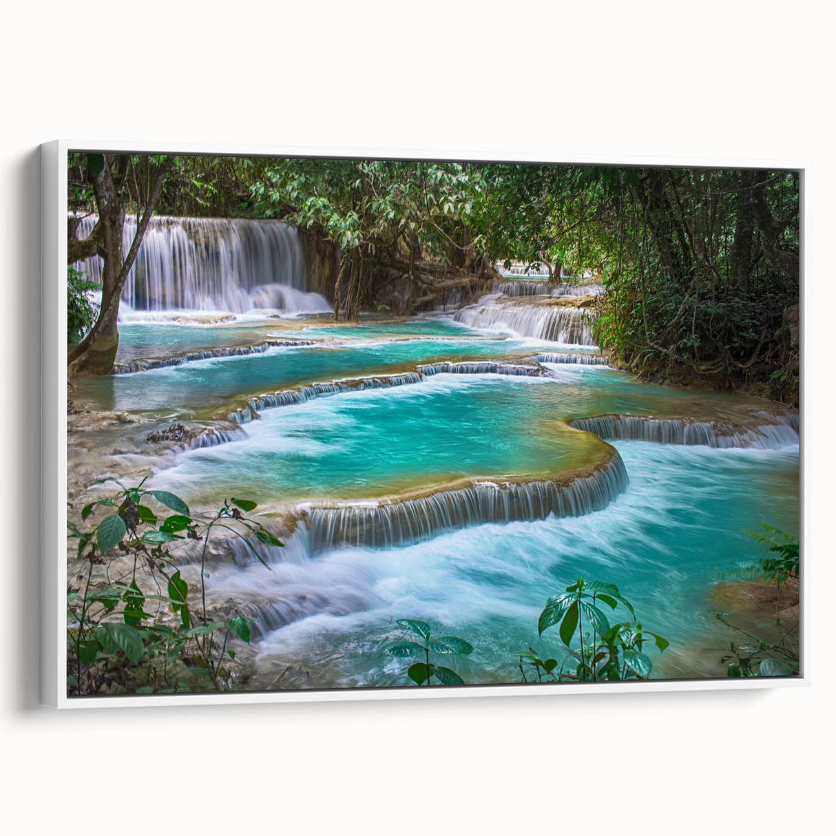 Vintage poster art of a Laos scenery on extra large framed canvas, with colorful art in muted tones.
