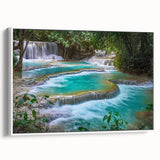 Vintage poster art of a Laos scenery on extra large framed canvas, with colorful art in muted tones.