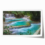 Extra large rolled print of Laos scenery with lush florals in vibrant green and pink, ideal for art wall dining room.
