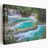 Side view of a large canvas depicting a serene Laotian landscape in soft earth tones, suitable for kitchen wall art.