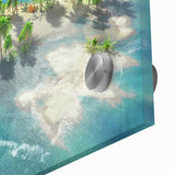 Acrylic glass print of a serene Maldives scenery in muted blues and greens, ideal for dining room art.
