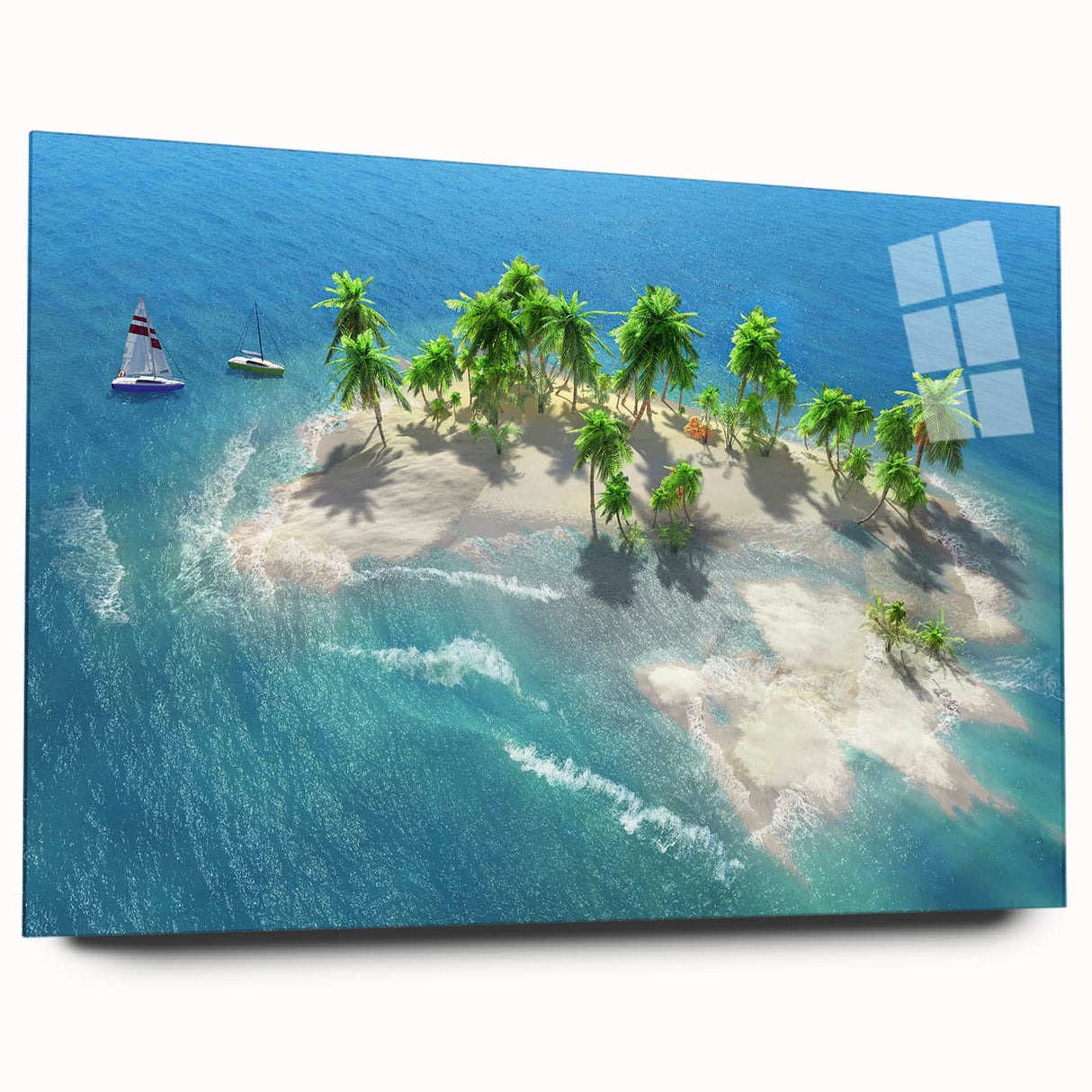 Large abstract wall art of the Maldives on acrylic glass, with vibrant blue and turquoise hues.