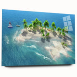 Large abstract wall art of the Maldives on acrylic glass, with vibrant blue and turquoise hues.