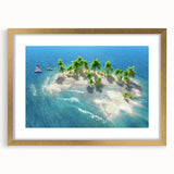 Extra large abstract art print of Maldives scenery in gold frame with mat, featuring textured blue and white tones.