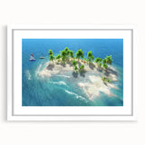 Abstract art print of a serene Maldivian landscape in cool blue and green tones on a framed white canvas.