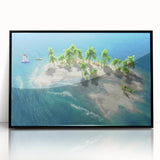 Large abstract wall art depicting a serene Maldivian landscape in muted blue and green tones, framed in black acrylic.