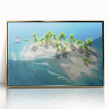 Framed acrylic print of a serene Maldivian landscape in soft blue and green tones, ideal for modern art wall decor.