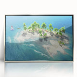 Mid-century modernist art depicting the Maldives landscape on a silver-framed acrylic, featuring serene blue and green tones.