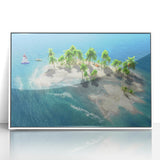 Acrylic print of a serene Maldives beach scene in soft blues and whites, framed in white, ideal for modern art wall decor.