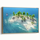 Framed canvas wall art depicting a serene Maldivian landscape with muted blue and green tones, ideal for bedroom decor.