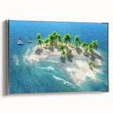 Landscape art painting of the Maldives on a framed canvas, displaying vibrant ocean blues and silver frame.