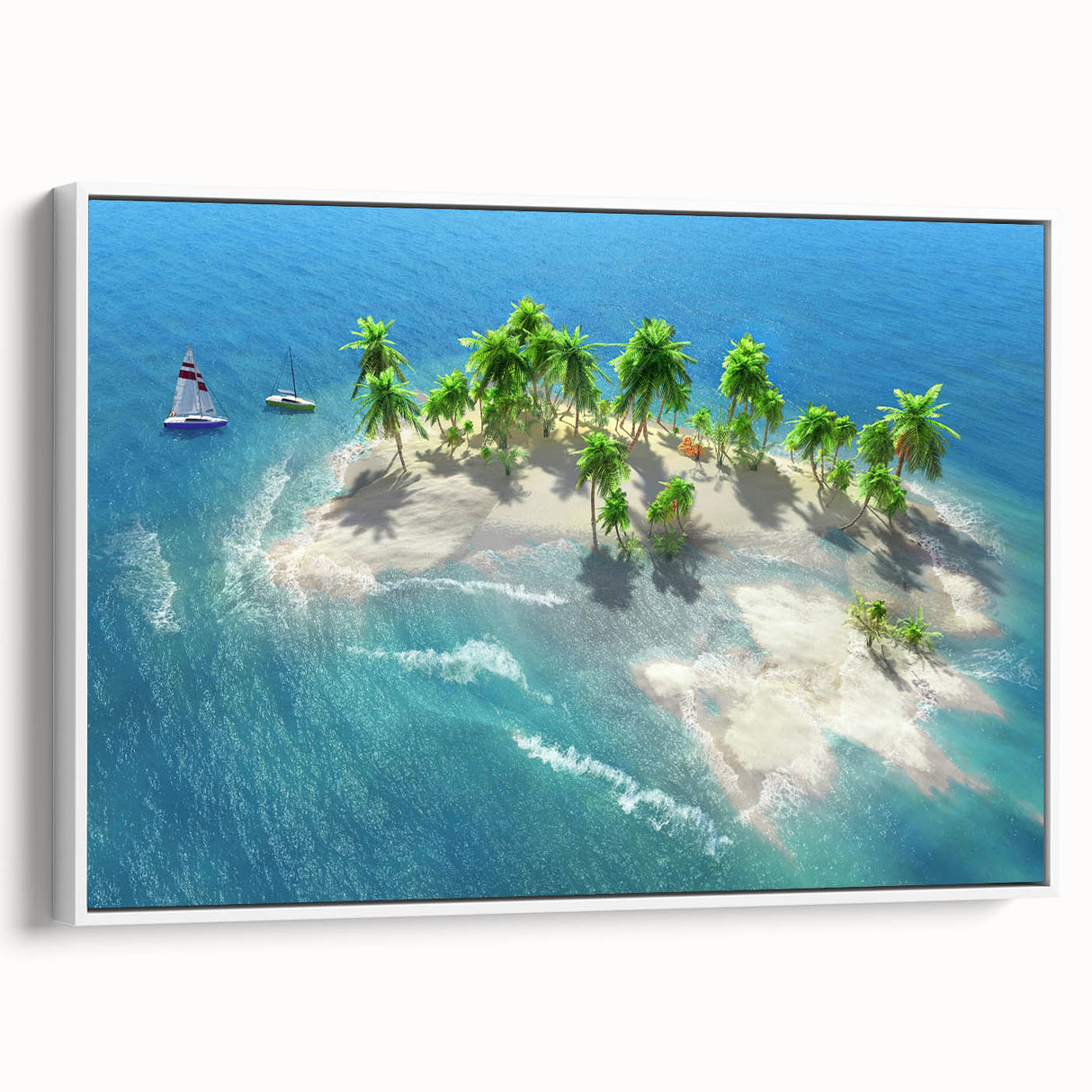 Vintage poster art of a Maldivian scenery on framed canvas, featuring vibrant ocean and sky colors.