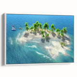 Vintage poster art of a Maldivian scenery on framed canvas, featuring vibrant ocean and sky colors.
