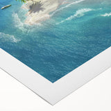 Art deco poster of a serene Maldivian beach scene on a rolled canvas, using soft blue and white tones.