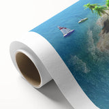 Art deco poster of a serene Maldivian beach on rolled canvas, featuring pastel blue and green tones.