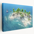 Large stretched canvas of a Maldivian beach scene with vibrant blue and turquoise water, ideal for kitchen wall art.