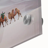 Large abstract wall art depicting a Mongolian landscape in muted earth tones on acrylic glass.