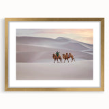 Extra large abstract art print of a Mongolian landscape in textured gold frame, featuring earth tones.