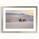 Textured art print of an abstract Mongolian landscape in muted earth tones, framed in silver, ideal for bedroom art.