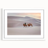 Abstract art print of a Mongolian landscape in muted earth tones, framed with a white mat, suitable for dining room decor.