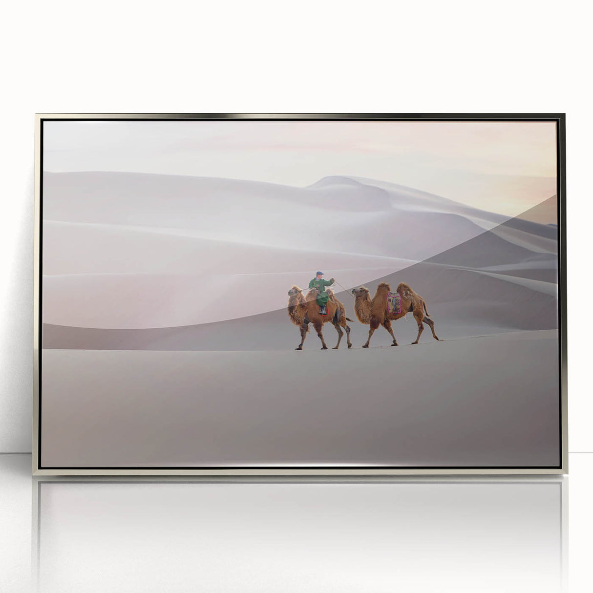 Mid-century modernist art depicting a Mongolian landscape in muted earth tones on a framed acrylic panel.