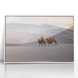 Acrylic print of a Mongolian landscape in muted earth tones, framed in white, suitable as modern art wall decor.