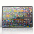 Large abstract wall art depicting a Myanmar scenery in muted earth tones, framed in black acrylic.