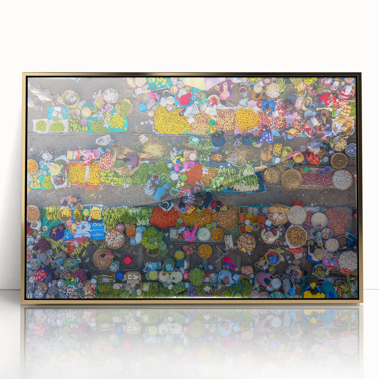 Framed acrylic print of a Myanmar landscape in gold and green tones, ideal for modern art wall decor.