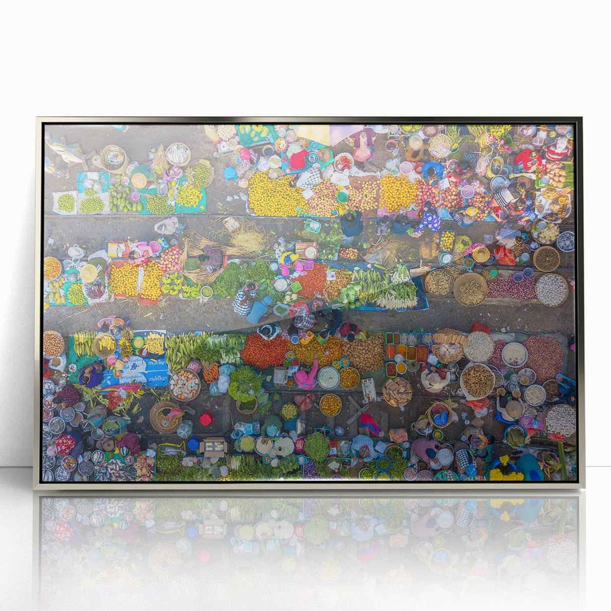 Mid-century modernist art depicting a serene Myanmar landscape in muted earth tones, framed acrylic.