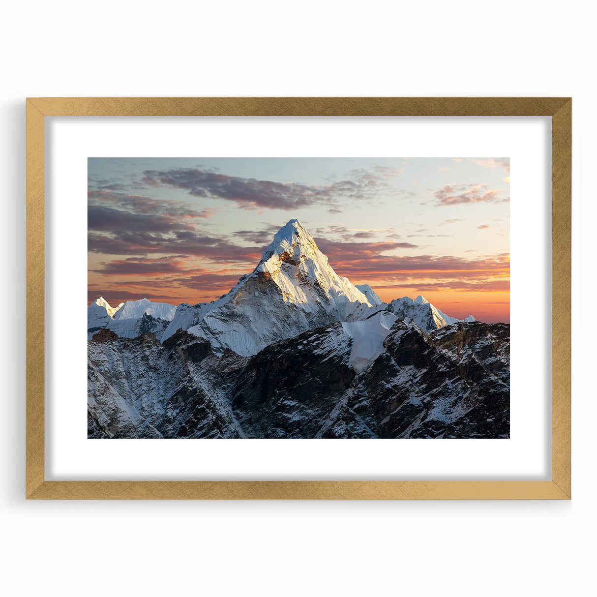 Extra large wall art featuring abstract depiction of Mount Everest, in textured gold and blue tones, framed with a gold mat.