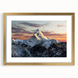 Extra large wall art featuring abstract depiction of Mount Everest, in textured gold and blue tones, framed with a gold mat.