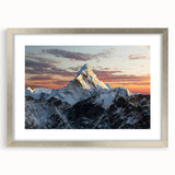 Textured art depicting abstract Mount Everest in muted blues and whites on a framed silver mat.
