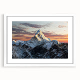 Abstract art print of Mount Everest in muted blue and gray tones, framed in white, ideal for dining room decor.