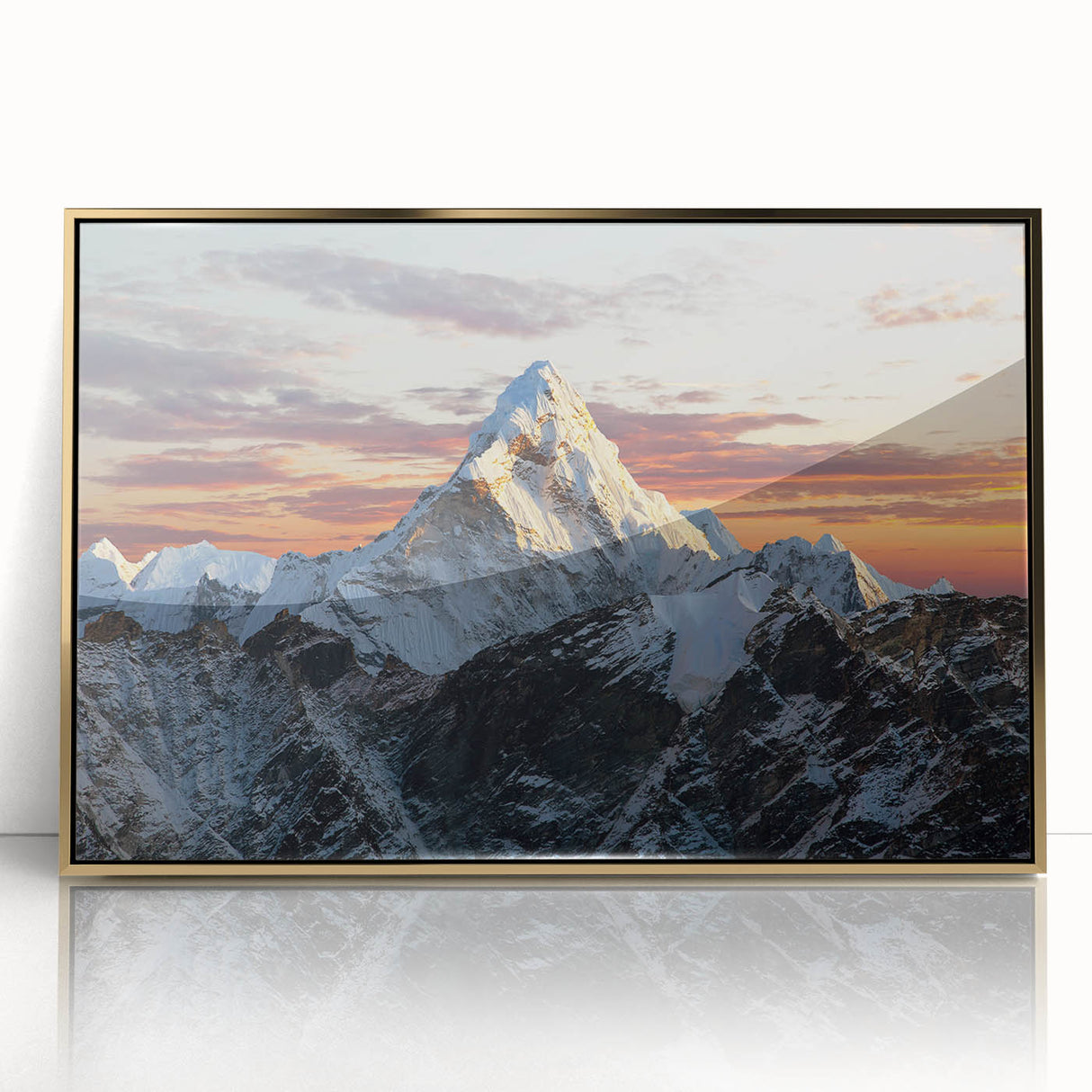 Framed acrylic print of Mount Everest in muted earth tones, ideal for modern art wall decor.