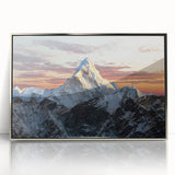 Mid-century modernist art of Mount Everest in muted earth tones, acrylic print in silver frame.