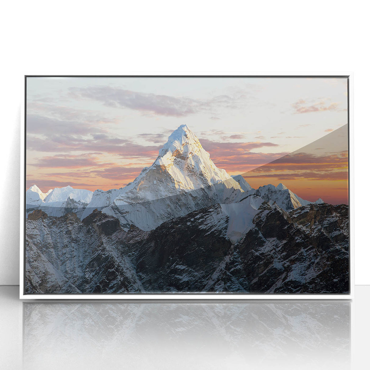 Acrylic print of Mount Everest with soft blue and white tones, framed in white, suitable for modern art wall decor.