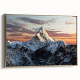 Framed canvas depicting a vintage-style landscape of Mount Everest in black and gold tones, ideal for bedroom wall art.