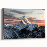Framed canvas of a vintage landscape art painting featuring Mount Everest with a black and silver color palette.