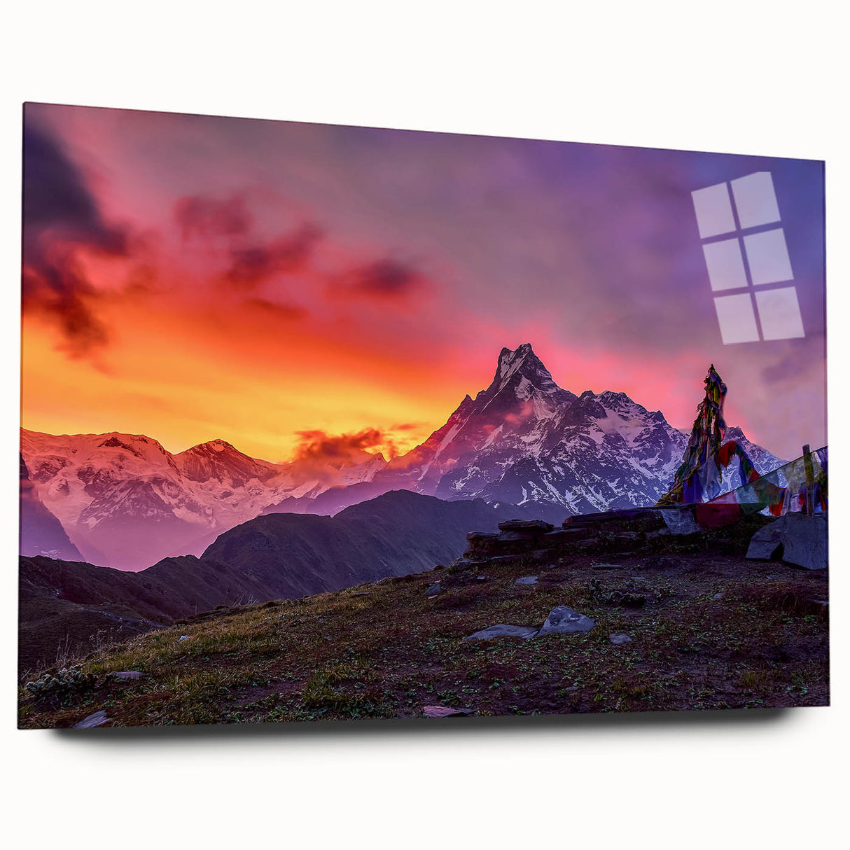 Acrylic print of a large abstract depiction of a Nepalese landscape in muted earth tones.