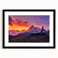 Extra large, textured abstract art print of colorful Nepalese scenery on a framed black mat, ideal for living room decor.