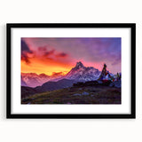 Extra large, textured abstract art print of colorful Nepalese scenery on a framed black mat, ideal for living room decor.