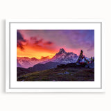 Abstract art print of a Nepalese landscape in muted earth tones on a framed white mat, ideal for dining room decor.