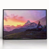 Large abstract wall art depicting a serene Nepalese landscape in muted earth tones, framed in black acrylic.